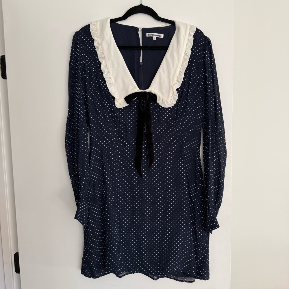 Reformation Edalene navy polka dot dress size 12 - Picture 3 of 11